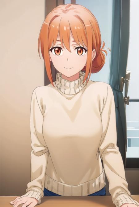 yuigahamama, <lora:mother yuigahama s2s3-lora-nochekaiser:1>,
mother yuigahama, hair bun, mature female, (orange eyes:1.5), orange hair, short hair, single hair bun, hair between eyes, sidelocks, smile,
BREAK denim, jeans, pants, sweater, turtleneck, turtleneck sweater, white sweater,
BREAK indoors, bed,
BREAK looking at viewer, (cowboy shot:1.5),
BREAK <lyco:GoodHands-beta2:1>, (masterpiece:1.2), best quality, high resolution, unity 8k wallpaper, (illustration:0.8), (beautiful detailed eyes:1.6), extremely detailed face, perfect lighting, extremely detailed CG, (perfect hands, perfect anatomy),