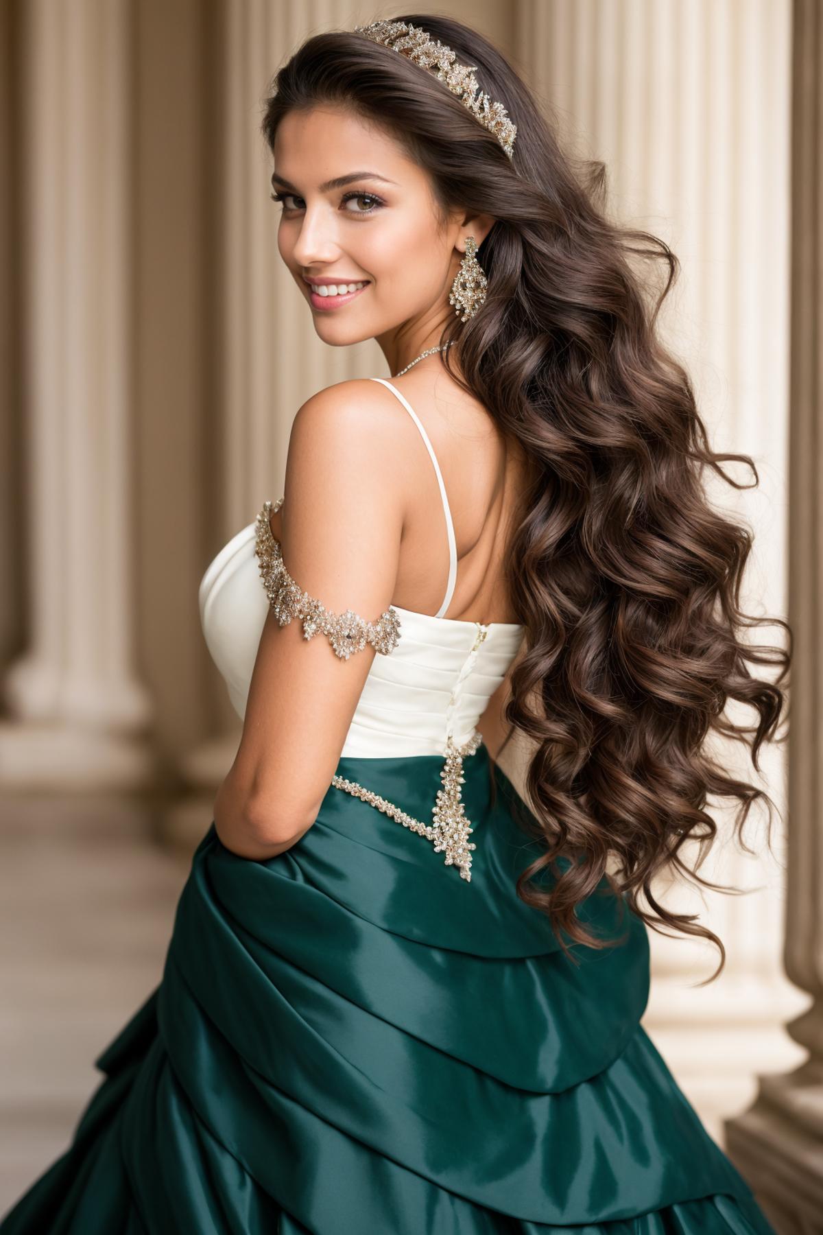 A young woman wearing a long green dress, posing with a smile.