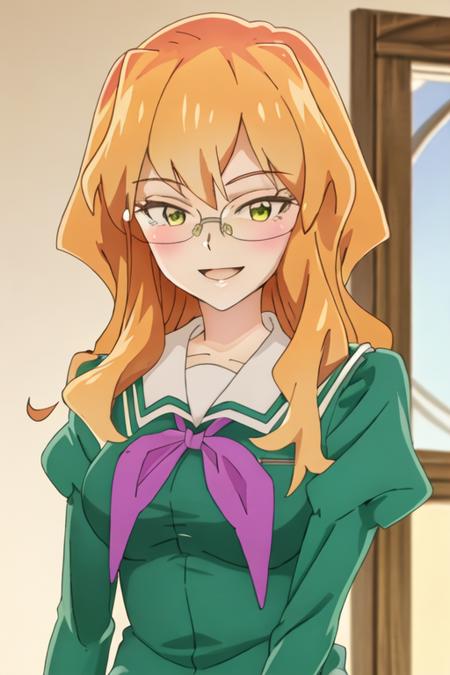 best quality, masterpiece, highres, solo, {chibana_sumika_watashinoyuriwaoshigotodesu:1.15}, long_hair, blonde_hair, glasses, green_eyes, smile, 1girl, blush, indoors, school_uniform, open_mouth, anime_coloring