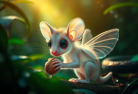 furry little translucent mammal in a rain forest zoomed in, rainbow of light reflection off dew, green and vivid colors, wild fog, large eyes, transparent body, invisible like a jelly fish, huge ears, cute, adorable, eating a nut, fungal hair, see through, wings, amazing atmosphere, snake in background, mystical realm, floating orbs of light