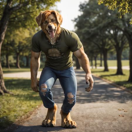 full body image, far shot, detailed public park setting, warm lighting, (solo:1.3),
BREAK, facing the viewer, 20 years old, anthro dog golden retriever male with tan fur, muscular, lean build, long fluffy tail, bright amber eyes, (short ginger hair, Leon Kennedy hairstyle), dog snout, canine teeth, fangs, (snarling, baring teeth, drooling, drool flowing from mouth), (realistic fur, hairy fur, wiry hair over body, fur over body, detailed fur texture), (wearing glasses, wearing extremely torn green t-shirt, wearing extremely torn blue jeans), (visible digitigrade feet), large pecs, claws, paws, black paw pads