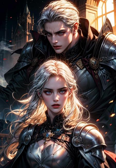 Masterpiece, (Medieval Britain), Castlevania, illustration of a woman, (long hair), (silver hair), (knight armour), (burning castle), face shadow, finely detailed, original, highres, (frozen landscape), (mist background), scary aesthetic, strong presence, dark fantasy theme, light blue tint, refraction, dishevelled hair, marvellous illustration, detailed splash, best quality, (magical:1.1), ray tracing, (face shadow), (intricate detailed:1.2), (ultra detailed:1.2), (detailed light), dynamic pose