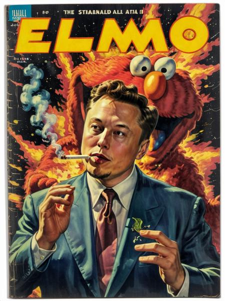 <lora:Wiz-VintageComicBookCover_v01:1.4>,('ELMO')  Vintage comic book cover full body illustration of (Elon Musk smoking), rocket exploding in background