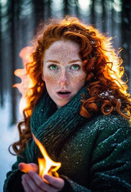 Scandinavian woman in snowy forest, midnight, burning hands, breathing fire from mouth,  smoke from nostrils, glowing eyes, magic fire, fire powers, creating fire, 
dramatic light, high contrast shadows, Sharp light, midnight forest, 
a woman with pyrokinetic powers, in snow storm,( freckles:1.5), green eyes, ginger hair, big curls, looking at viewer, wrapped in fire, infernal fire melting snow, 
outside medium full shot, dutch angle, twisted view,
cinematic, detailed textures, bokeh, natural lighting, 4k uhd, dslr, soft lighting, high quality, Fujifilm XT3