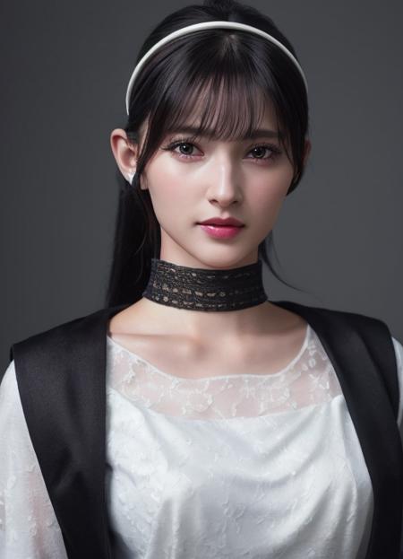 tsumuri, white hairband, black choker, cinematic lighting,(RAW photo, best quality), (realistic, photo-realistic:1),( realistic:1.1,) masterpiece, an extremely delicate and beautiful, extremely detailed, 4k wallpaper, Amazing, finely detail, extremely detailed CG unity 8k wallpaper, ultra-detailed, highres, soft light, beautiful detailed girl, detailed face, extremely detailed face, extremely detailed eyes and face, beautiful detailed nose, beautiful detailed eyes, slender body, <lora:tsumuri-11:0.6>, white dress, black and white jacket, long sleeves, corset, wide sleeves, close-up, look at camera, lean on bed,