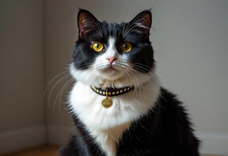 masterpiece, ultra-detailed, hyper-realistic, cinematic lighting, black white Angora cat, short shiny  fur, striking yellow eyes, sitting directly facing the viewer, calm and elegant posture, wearing a small collar tag or ID plate that clearly reads "I need Buzz", fur texture highly detailed, soft lighting, shallow depth of field, realistic whiskers and fur strands, subtle warm backlight, photo-realism, animal portrait perfection, using Buzz Generator LoRA:<lora:BuzzGenerator:1.0>