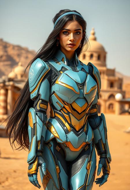 A hyper-realistic, ultra-detailed photography of a beautiful female, tan skin, sexy ironman suit. light azure blue armor with golden touches. 
She has a very long black hair. puffy hair, thin blue hair band, arabian type, Jasmine.
Wearing robotic armor. ((thick body)).
sweet face. 
The background is an arabian small village in the desert.
The composition focuses on the character, Full body shot, walking toward camera