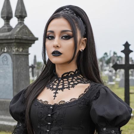 Gothic style close-up photo of 4r1ana a woman, wearing a gothic outfit, at a cemetary, looking at viewer, frontview, <lora:Ariana_Grande_2019:.9> . Dark, mysterious, haunting, dramatic, ornate, detailed
