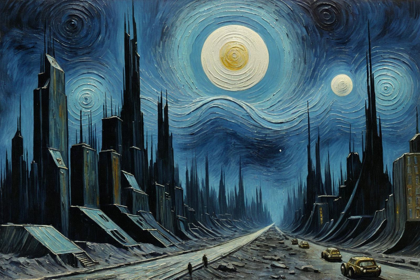 A painting of a cityscape at night with a full moon above, tall towers, and a couple of cars driving down a street.