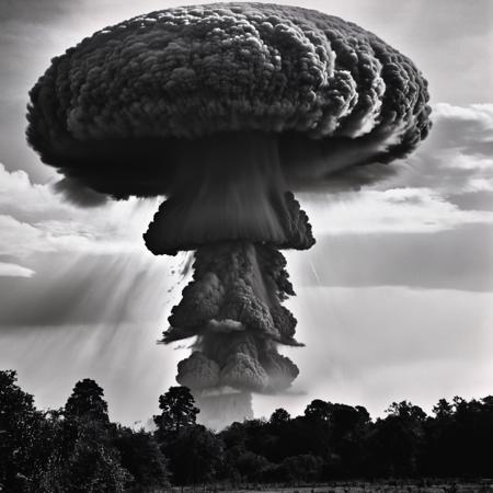 cinematic film still of  <lora:Cinematic ww2 style:1>
1940's, 1940, ww2, world war 2, second world war, a mushroom cloud from a ww2 nuclear explosion is seen in this black and white photo cinematic ww2 style, monochrome, greyscale, outdoors, sky, cloud, tree, no humans, ocean, cloudy sky, scenery , vintage, classic, cinematic, dramatic, photography, documentary, shallow depth of field, vignette, highly detailed, high budget, bokeh, cinemascope, moody, epic, gorgeous, film grain, grainy