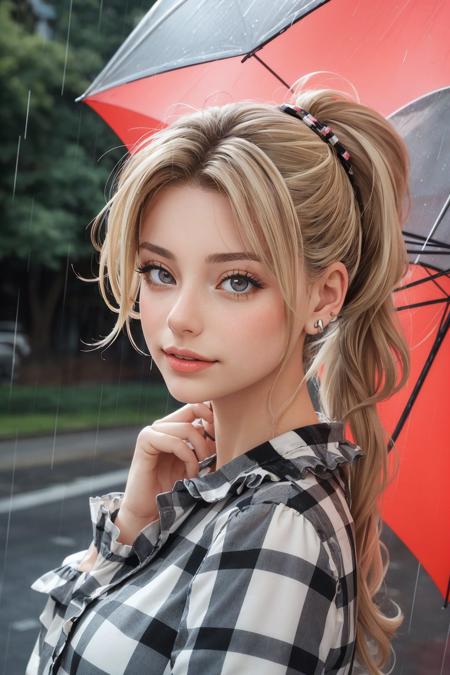 (eye level, headshot:1.2) photo of <lora:AnaisMariani_v9:0.9> AnaisMariani with dirty blonde hair with highlights, she is wearing checkered frilled shirt , she is wearing earclip, her hair is styled as low ponytail hair, BREAK she is (under an umbrella in the rain:1.1), dramatic edge lighting, shot on Sony A7III, soft focus,