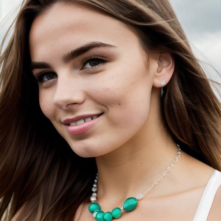 savannahprez_ti  Realistic 8K portrait: A young Smiling Freckles brunette, green eyes, wind-blown long hair, pearl necklace; dramatic lighting, cinematic colors; hyper-abov