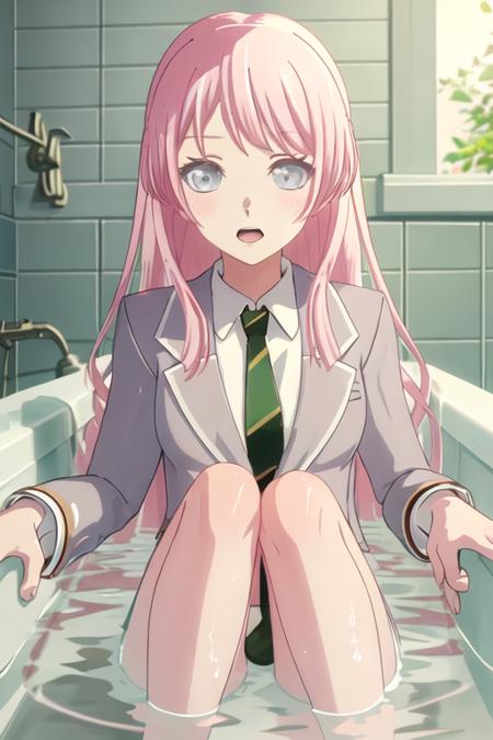 best quality, masterpiece, highres, solo, {chihaya_anon_bangdreamitsmygo:1.15}, long_hair, pink_hair, bangs, blush, necktie, grey_eyes, blazer, open_mouth, upper_body, indoors, 1girl, bath, bathing, bathtub, nude, closed_mouth, short_hair, partially_submerged