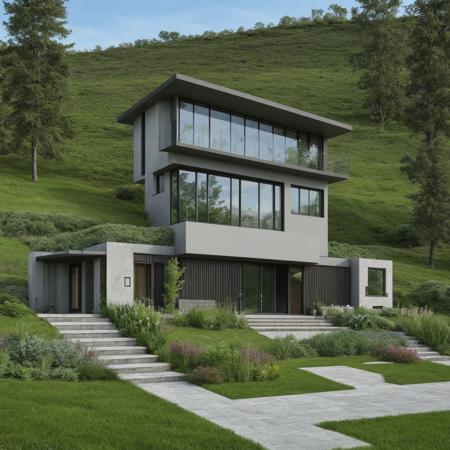 a single house on a hill, the house is entirely made of an element from the Periodic Table, high detail, hdr, elemental garden, complex house design