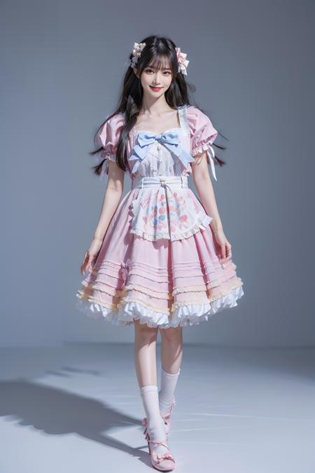 best quality, quality, masterpiece, photorealistic, 1girl, solo, standing, long black hair, straight hair, blunt bangs, looking at viewer, smile, full body, cyb dress, bow, apron, frills, puffy short sleeves, hair ornament,v,simple background, <lora:sweet_attire_style1_v1:0.65>