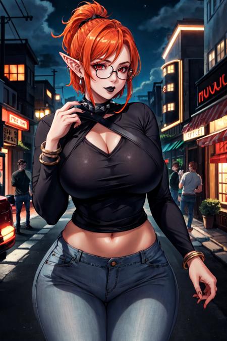 (masterpiece:1.2, best quality:1.2, beautiful, high quality, highres:1.1, aesthetic), detailed, soft lighting, perfect eyes, perfect face, perfect lighting, perfect hands , perfect fingers,
mature female,  1girl, milf, elf , elf ears, ((orange hair)), short hair , ponytail,  black ribbon, lipstick , black lips, (red eyes:1.4), ((glasses)), eyelashes, makeup,
black  collar, medium breasts, curvy, voluptuous, thick thighs, cleavage ,(wearing a tight black shirt:1.2), (wearing tight blue jeans:1.1), spiked bracelet , bracelet with spikes, earings,  high heels,
looking at viewer  cowboy pose, dark fantasy ,outdoors, quiet street , night, night sky,  <lora:milfication:0.7> ,  <lora:envybetterhandsLocon_beta2:1>, <lora:add_detail:0.4>, <lora:GoodHands-beta2:1>