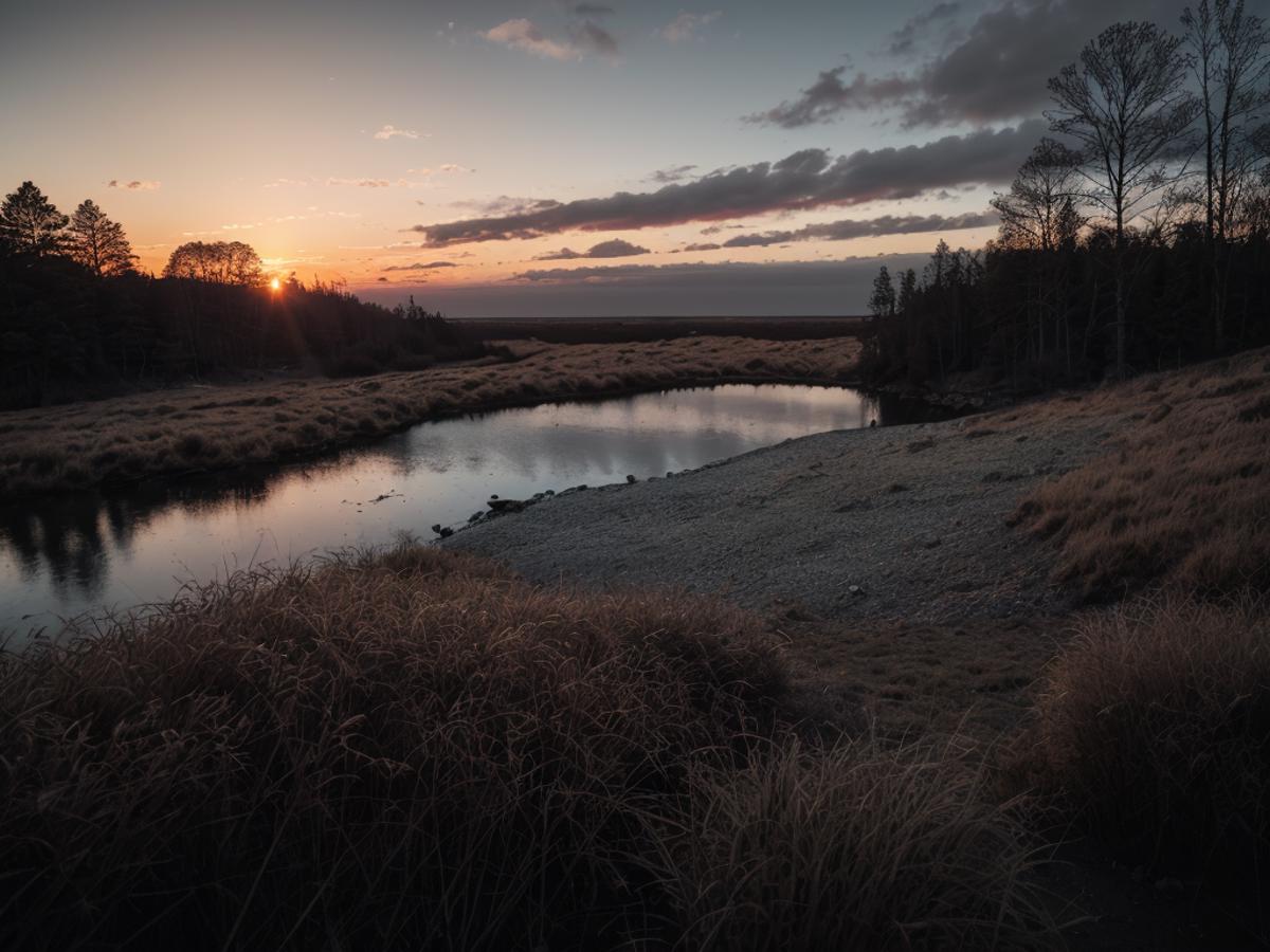 A serene scene of a river at sunset with a field of grass and trees in the background.