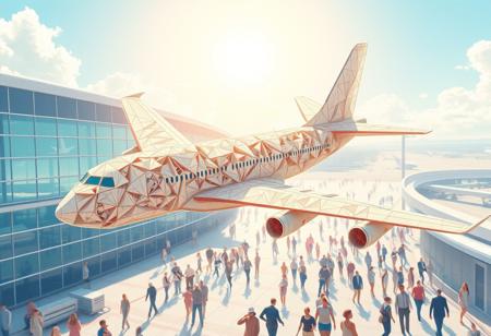 The image depicts an intricately crafted airplane composed entirely of small, delicate paper planes, each one expertly folded and linked together to form the fuselage, wings, and tail of a majestic aircraft. In the style of M.C. Escher's impossible constructions, the scene is rendered with mind-bending detail, inviting the viewer to study the intricate mechanisms that hold this marvel together. 
The ideal color palette features a range of pastel hues, from soft blues and pinks to creamy yellows and whites, evoking a sense of gentle whimsy and wonder. Lighting comes from a bright, overhead source, with subtle highlights on the paper planes' creases and edges to give them a tactile quality. 
The setting is a sun-kissed summer morning at a bustling international airport, with the sounds of revving engines and chattering crowds filling the air. Materials used in this illustration include traditional colored pencils and digital media, with added texture from subtle, hand-applied paper elements that evoke the roughness of the folded planes. 
The rendering style blends realistic representation with a touch of surrealism, fitting perfectly within the realm of steampunk-inspired art.