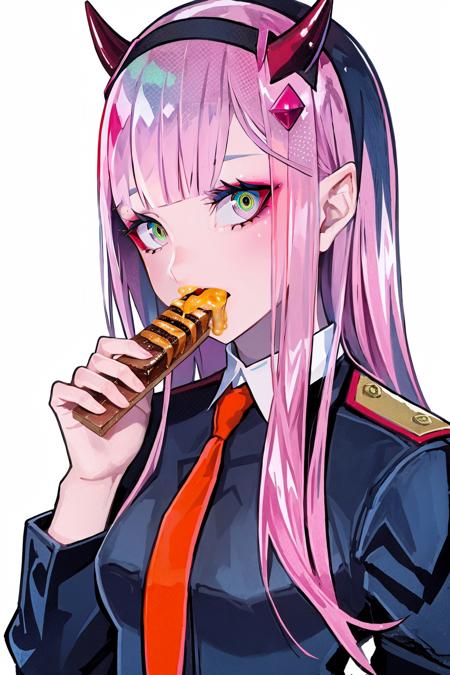 1girl, zero two (darling in the franxx), solo, horns, pink hair, food, long hair, green eyes, uniform, necktie, hairband, white background, white hairband, looking at viewer, bangs, military uniform, simple background, honey, military, upper body, holding food, jacket, holding, eyeshadow, eating, red necktie, makeup, long sleeves, blunt bangs, orange necktie<lora:SilvermoonMix14:1>