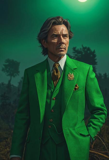 John L. Thunder wearing a green suit, is the seventh son of a seventh son, born at 7 a.m. on Saturday, July 7, the seventh day of the week, the seventh day of the seventh month in 1917, intense lighting with heavy shadows. best quality, 8k resolution, hyperrealistic textures, meticulous attention to detail, magnificent intricate artwork, inspiration from Ash Thorp and Simon Stalenhag.