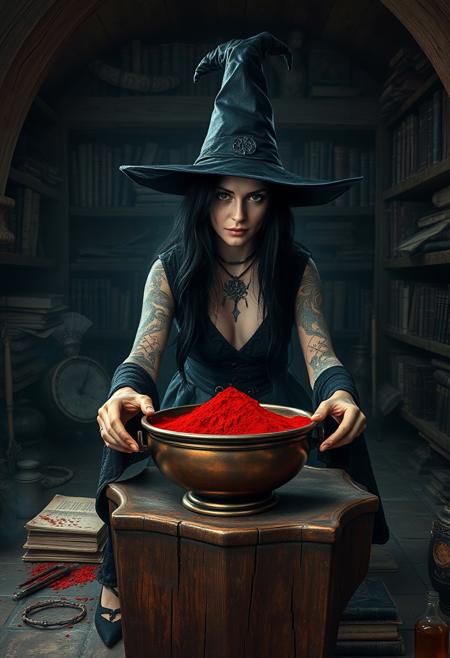 Within an ancient chamber, an enchanting pale skinned, black haired sorceress, adorned with a pointed witches hat, her body a tapestry of arcane tattoos, weaves her magic. Her face a picture of malign delight as she casts spells of old, her hands moving deftly over ancient artefacts and mystical ingredients, her feet bare on the cold flagstones. Before her, a copper bowl filled with  red chilli powder sits atop a worn, wooden pedestal. Shelves brimming with enchanted tomes and potions line the walls, telling tales of forgotten eras. The air hums with dark secrets and forbidden knowledge, a haven for those who seek the mysteries of the dark academia. across the top the text "Witch's Extra Hot Chilli Powder". Medieval gothic setting, fantasy RPG characters, DnD, dark fantasy A mesmerizing, high-contrast, vivid cinematic photograph, ultra hd, realistic, vivid colors, highly detailed.