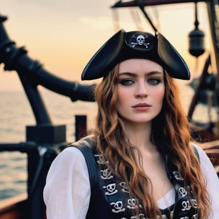 Skin Texture, Instagram iPhone Portrait photo of a woman wearing a pirate outfit on the open seas, Nikon Z9, (sharp focus), (high quality), saxsnk,  <lora:sasink_juggerX_xl_2_st-saxsnk-000088:1>