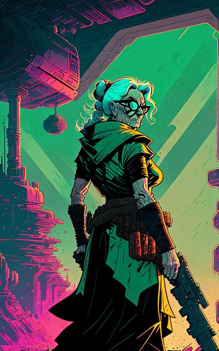 retro illustrated comic style epic composition wallpaper of an old grandma as a badass futuristic bounty hunter