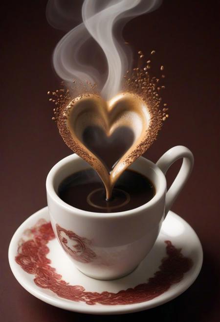 JuggernautNegative, In the realm of warmth and comfort, envision a cup brimming with steaming coffee, emitting aromatic tendrils that curl into the air. This sacred cup of understanding is not just a vessel for hot coffee but a visual poem, as falling hearts dance around it. The scene exudes love in motion, capturing the essence of a moment suspended in time. This beautiful artwork, inspired by Valentine Hugo, invites you to savor the blissful indulgence of a hot cup, whether it's coffee or perhaps even a cup of hot chocolate, in the company of enchanting emotions. 'd=%<D<*