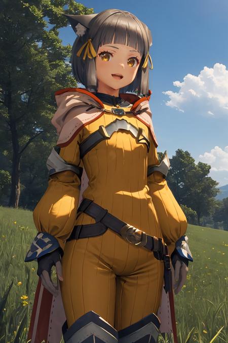 <lora:NiadajiaV1:0.8>,niadajia,1girl,solo,grey hair,short hair,blunt bangs,tips pointing backward cat ears,yellow head ribbon,yellow eyes,smile,open mouth,parted lips,
high-collared yellow bodysuit with white trim,pink hood with pairs of long ribbons,flat chest,hood down,black white gauntlets,white gloves,metallic buckle belt,black white leg armor with red boots,
outdoors,grass,blue sky,<lora:add_detail:0.3>,cowboy shot,, Exquisite visuals, high-definition,masterpiece,best quality,Exquisite visuals,high-definition,masterpiece,best quality,18yo,Young female,Beautiful Fingers,Beautiful long legs,Beautiful body,Beautiful character design,