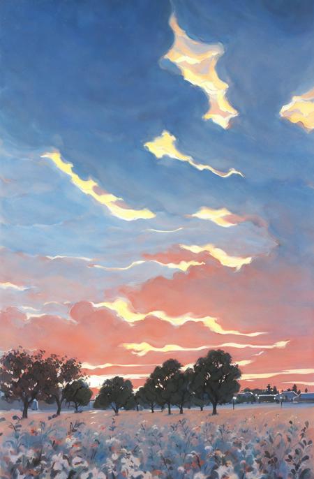 cloud, sky, no humans, outdoors, scenery, cloudy sky, traditional media, sunset, blue sky, painting (medium), gradient sky, best quality  <lora:watercolor imagerya:0.78>