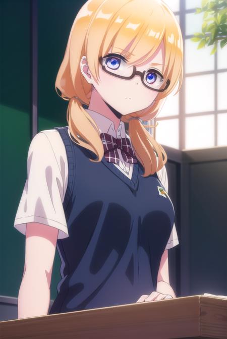 emilythomas, <lora:emily thomas anime s1-lora-nochekaiser:1>,
emily thomas, long hair, blue eyes, blonde hair, glasses, semi-rimless eyewear, black-framed eyewear, under-rim eyewear,
BREAK shirt, bow, school uniform, white shirt, short sleeves, bowtie, sweater vest,
BREAK indoors, classroom,
BREAK looking at viewer,
BREAK <lyco:GoodHands-beta2:1>, (masterpiece:1.2), best quality, high resolution, unity 8k wallpaper, (illustration:0.8), (beautiful detailed eyes:1.6), extremely detailed face, perfect lighting, extremely detailed CG, (perfect hands, perfect anatomy),