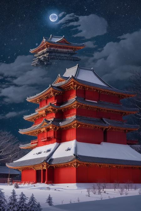 imperial palace bathed in moonlight, starry night sky, red lacquer buildings glowing softly, peaceful snowfall, epic historical scale, painterly realism, cinematic lighting