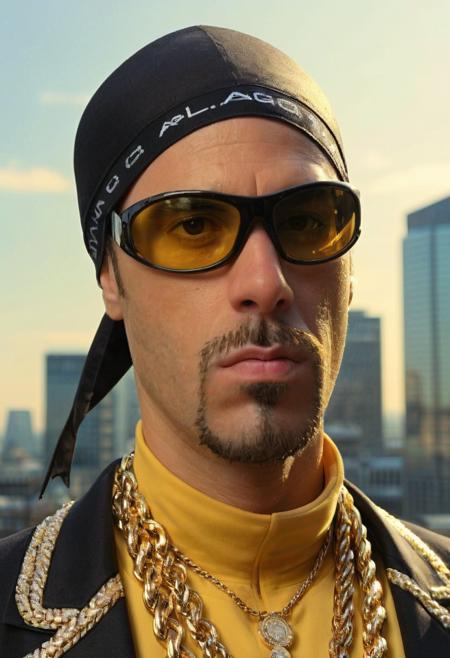 a picture of a man EPAliGXL wearing an an expensive two piece suit, black do-rag, sunglasses, jewellery, standing on a rooftop, london, upperbody portrait