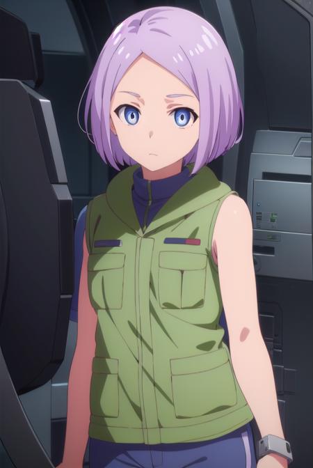 luca esposito, short hair, blue eyes, purple hair, (forehead:1.2), gloves, bodysuit, pilot suit, spacesuit, shirt, shorts, sleeveless, vest, sleeveless shirt, green shirt, green vest, green shorts,