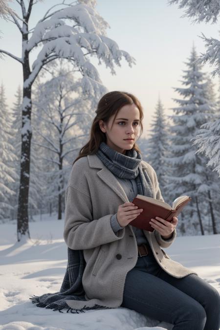 HerGranEmWa, a woman wearing a sweater coat and a scarf sitting on a rock reading a book in the snow, with a tree in the background and a blanket on her legs, under a tree, freezing blue skin, grey forest in the background, anxious, colourised, abomasnow, studying, mournful, ents, muted colour scheme, digital art, very detailed painting by Mark Brooks, trending on ArtStation. 4k, unreal engine 5, octane render, trending on deviantart. masterpiece. rendered in blender, ultra realistic, smooth shading, ultra detailed, high resolution, cinematic, unreal 6, perfect face, beautiful lighting, studio quality, photorealistic, highly detailed, digital art