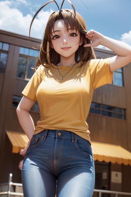 (masterpiece, best quality:1.2), <lora:lovehina_narusegawa-10:1>, cowboy shot, solo, 1girl, narusegawa naru, smile, looking at viewer, antenna hair, yellow shirt, short sleeves, jeans