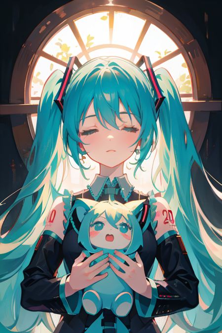 hatsune miku, absurdres, masterpiece, upper body, closed eyes, can't be this cute,