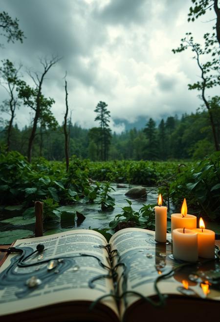 vast lush swampy landscape, cozy candle lit erotic orgy in the forest in the distance, The subject nimbus clouds portal gateway opening in the forground over a book if magic and waxy dripping candles, a lush swampy swamp,  macro of oil and water not mixing is a swirling mass of floating ink that appears as an  at an aperture of f/1.4. The image is artistic and surreal, blending realism with abstraction, capturing movement and energy through its dynamic motion and flowing forms. Abstract shapes, hyperrealistic nature photography of a lush submerged swamp forest medium format kodak gold, eldritch magic, wideangle shot of a forest grove, mountains in the background