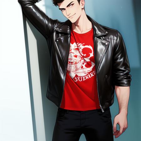 masterpiece, best quality, 1boy, t shirt, leather jacket, open jacket, skinny, smug, smirk