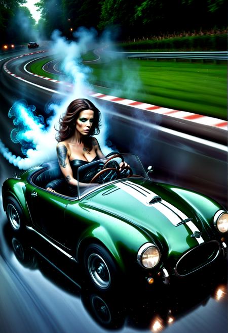 H.P. Lovecraft book cover Kate Beckinsale driving a mini sh3lby car, speed, fast, psychedelic smoke, beautyfull natural eye, on a raceway ,,. Unnamable ancient one, incomprehensible sanity-blasting geometries, cosmic horror