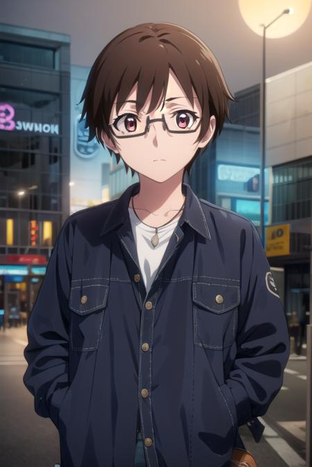 soutamizushino, <lora:souta mizushino s1-lora-nochekaiser:1>,
souta mizushino, brown hair, (brown eyes:1.3), male focus, glasses,
BREAK shirt, jewelry, necklace, uniform, pocket, pants, black pants,
BREAK outdoor, city, night, sky, buildings, moon, clouds,
BREAK looking at viewer, (cowboy shot:1.5),
BREAK <lyco:GoodHands-beta2:1>, (masterpiece:1.2), best quality, high resolution, unity 8k wallpaper, (illustration:0.8), (beautiful detailed eyes:1.6), extremely detailed face, perfect lighting, extremely detailed CG, (perfect hands, perfect anatomy),