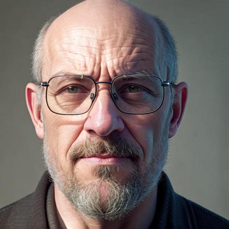 Studio portrait of an older bald man wearing glasses. MortNobody15. mischievous, looking at the camera, raised eyebrow. photorealistic, RAW photo, 4k, studio lighting, head shots,