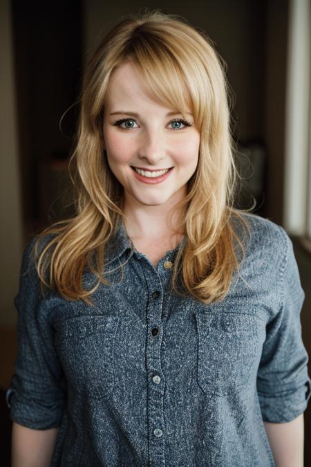 portrait of melissa rauch with a smile on her face, taken on a leica medium format camera <lora:meldette:1>