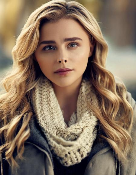 cinematic photo skswoman, long hair, looking at viewer, long sleeves, closed mouth, upper body, scarf, sweater, lips, portrait, realistic, nose, bokeh, professional, 4k, highly detailed <lora:Chloe Grace Moretz:1.2>