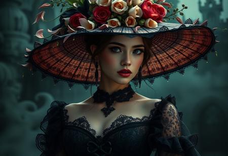 masterpiece, raw photo, high quality, 16k uhd, ultra sharp, absurdres, intricate details, cinematic scene, photorealistic, award-winning, Nikon D750 raw, inspired by Zhang Jingna, gothic style hyperrealistic fantasy art, dark and ethereal atmosphere, stunning woman with gothic elegance, wearing Shaded Spruce occult-inspired gothic clothing, flower-adorned wide-brimmed hat with cascading petals, intricate floral details, dark lace and textured fabrics, dramatic lighting with soft shadows, rich textures and ornate design elements, highly detailed corset emphasizing the figure, vibrant flowers contrasting against dark attire, moody backdrop with swirling mist and faint gothic architecture, dynamic composition, artistic depth and surreal elegance, best quality