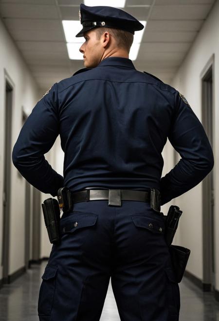 Ultra-realistic photo of a 20-year-old handsome Caucasian police recruit during academy inspection, viewed from behind at a low angle. He stands tall, hands behind his back, wearing a tight navy uniform and black tactical gloves. His glutes the biggest glutes ever seen, stretching the uniform pants to the limit, with powerful thighs and a slim waist under a loaded duty belt. He looks over his shoulder with a smug, confident expression. Bright institutional lighting, cinematic shadows, blurred academy hallway background, full body in frame, sharp focus, hyperrealistic detail.