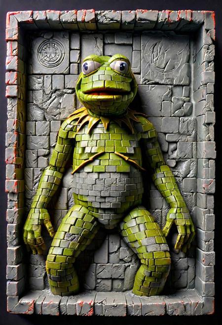 Full body shot. Carbonite slab with Kermit the Frog frozen in Carbonite, Star Wars style ais-brickz <lora:Bricks_Style_SDXL:1>