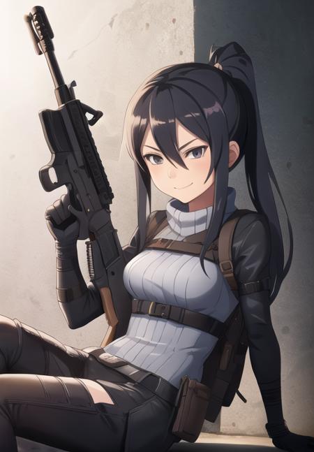 <lora:Pitohui_Elza:0.8>, Pitohui_Elza, sitting, assault rifle, holding rifle, smirk, headgear, (acclaimed, alluring, captivating, exciting, gorgeous, striking:1.3), (highly detailed, high quality:1.3)