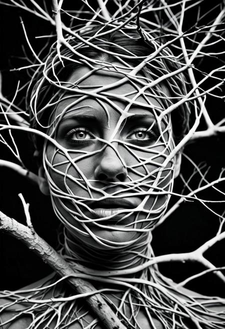This is a high-resolution, black-and-white photograph of a person with their face partially obscured by a mass of tangled, root-like branches. The branches, which appear to be dry and weathered, cover the person's forehead, nose, and part of the mouth, creating a surreal and haunting effect. The person's lips are slightly parted, and their eyes are not visible due to the branches. The texture of the branches is rough and uneven, contrasting starkly with the smooth, almost porcelain-like skin of the person's face. The person is wearing a high-necked, long-sleeved garment that appears to be made of a thick, ribbed fabric, adding to the overall dramatic and eerie atmosphere of the image. The background is completely dark, making the person and the branches the focal point. The lighting is soft yet directional, highlighting the textures and shadows of the branches and the person's face. The photograph is highly stylized, combining elements of nature and human form in a striking and thought-provoking manner.