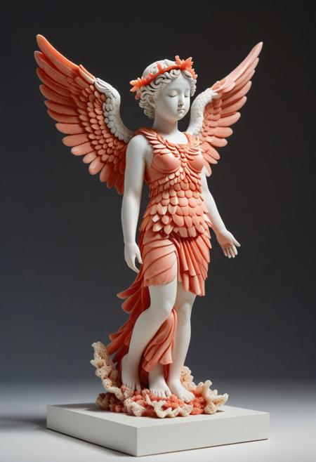 8k, Raw digital photo, a chibi Winged Victory of Samothrace statue made out of Coral, fullbody, beautiful face, closed eyes, placed in a futuristic white gallery, soft lighting, Full Colour, 80mm, simple dark background,